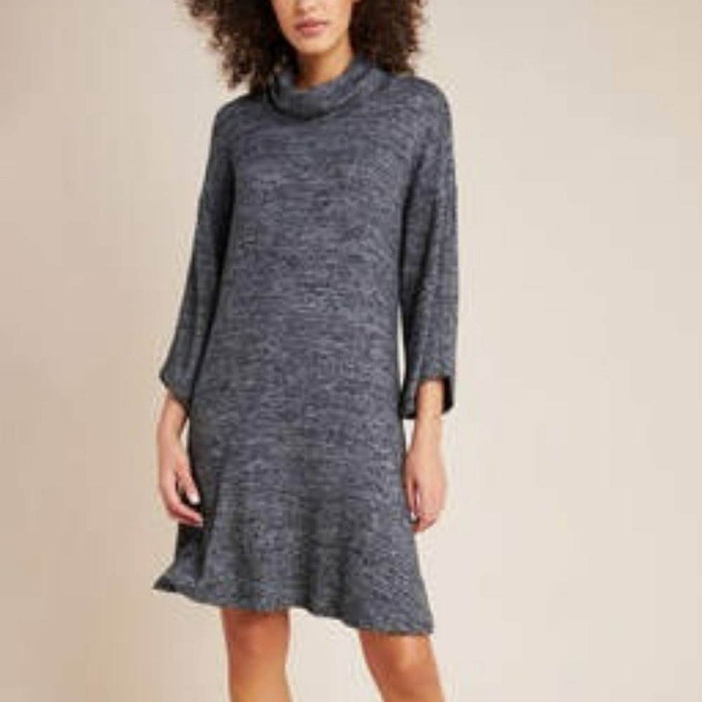 NWOT Anthropologie Gray Turtleneck Cowl Neck Swing Fit Flare Sweater Knit Size L